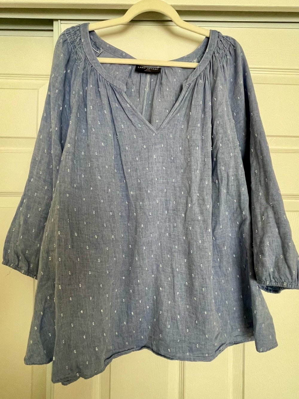 Lane Bryant Chambray Blue Peasant Tunic with White Dot Detail